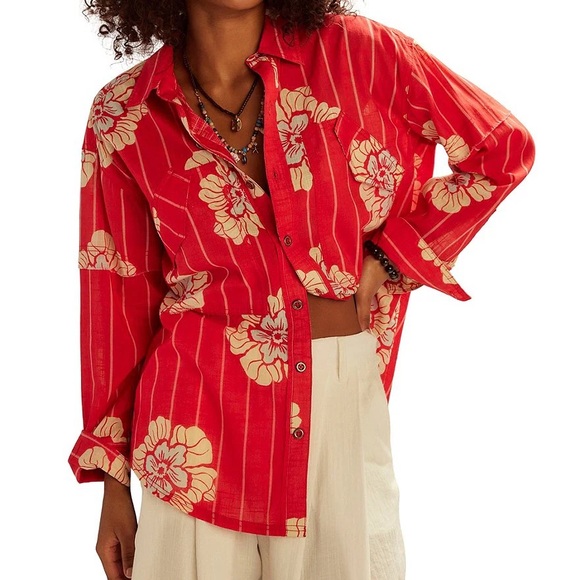NWT! Free People We the Free Flower Shirt Button Up Oversized Bohemian Medium